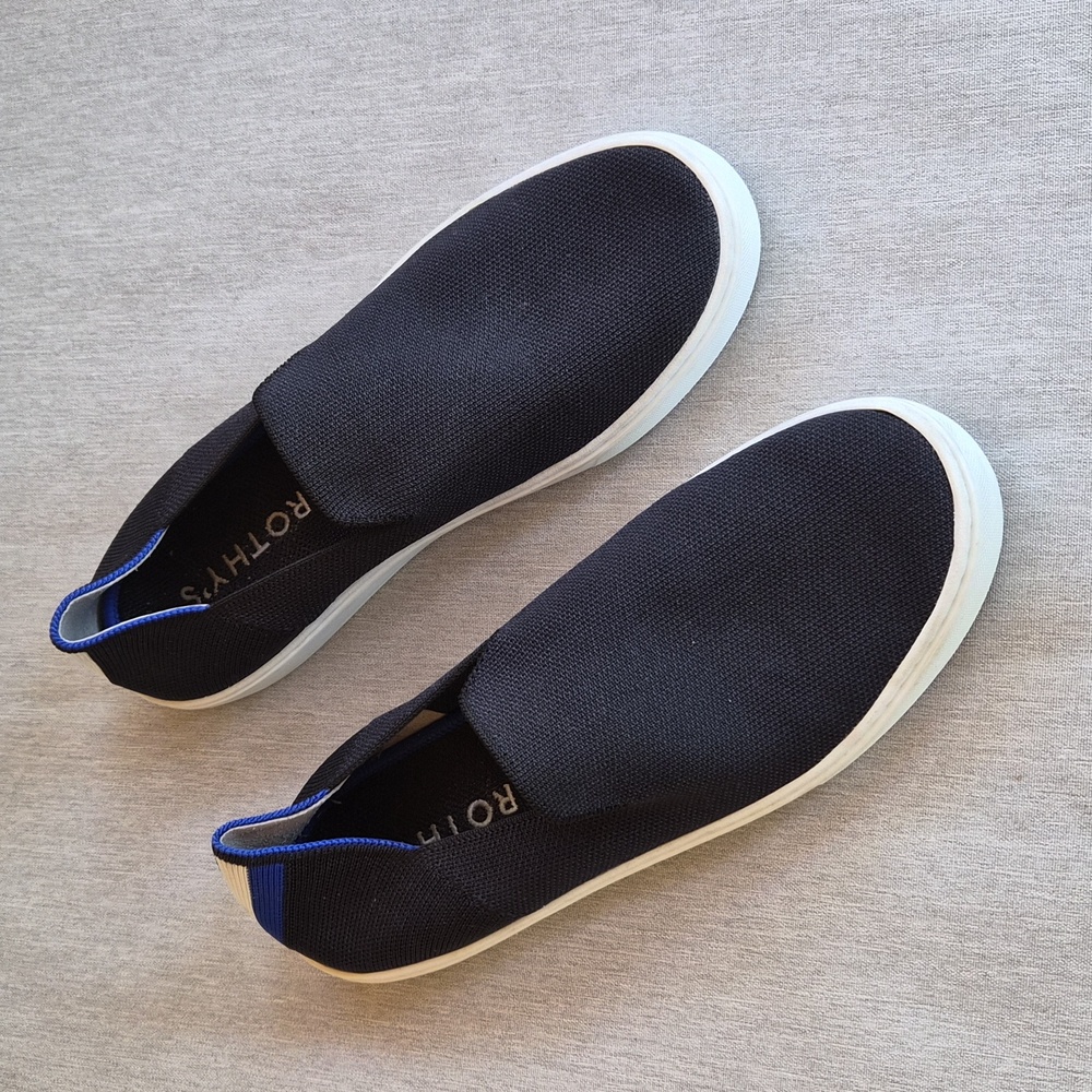 Rothy's Black Knit Slip-On Flats with Blue Heel Trim